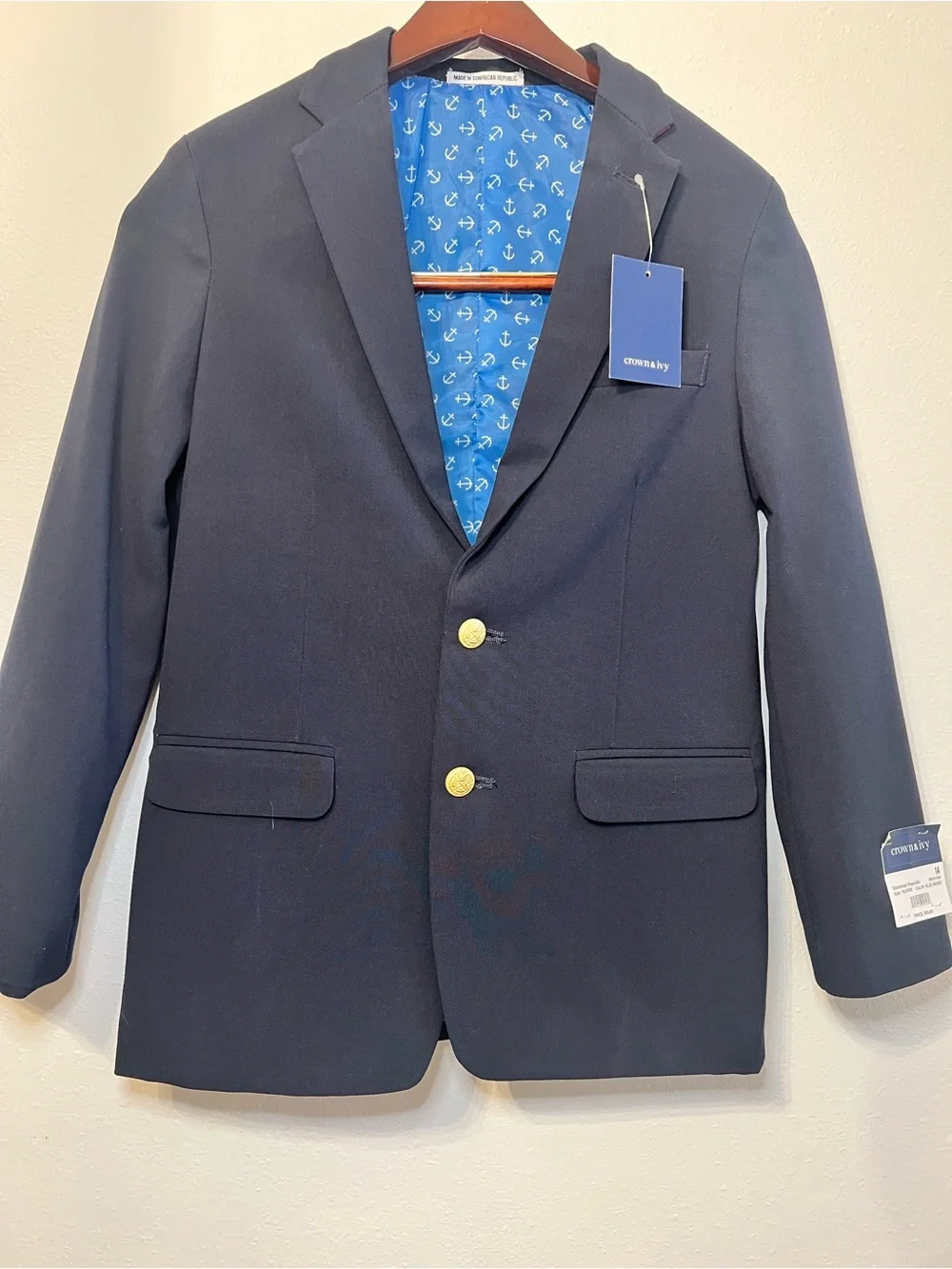 Crown & Ivy Boys Navy Blue Blazer Sport Coat Gold Button NWT 14
